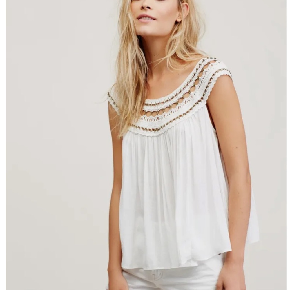 Free People White Crochet Yoke Sleeveless Peasant Top